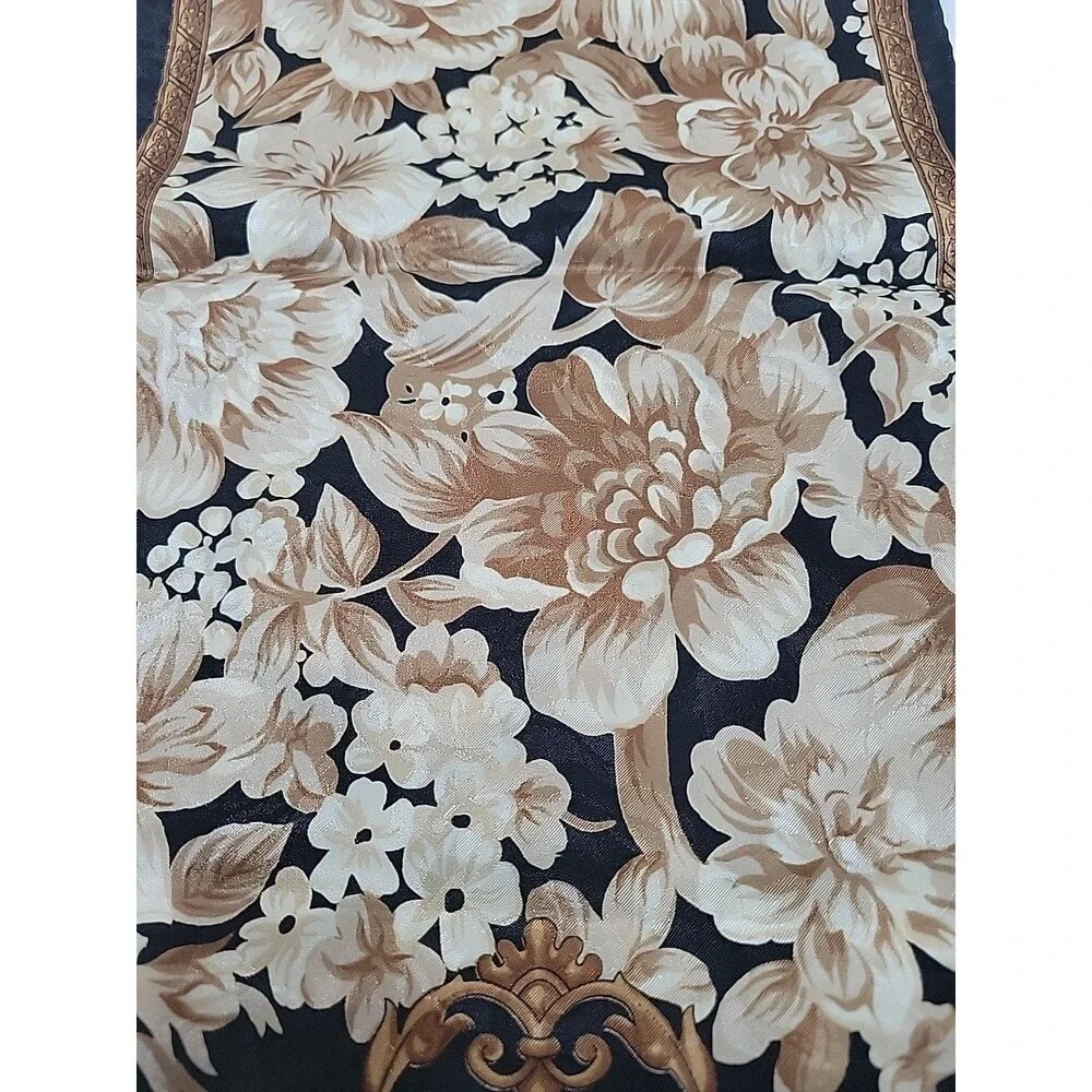 Vintage Liz Claiborne Silk Scarf Oblong Black Gold Baroque Floral Lattice Long